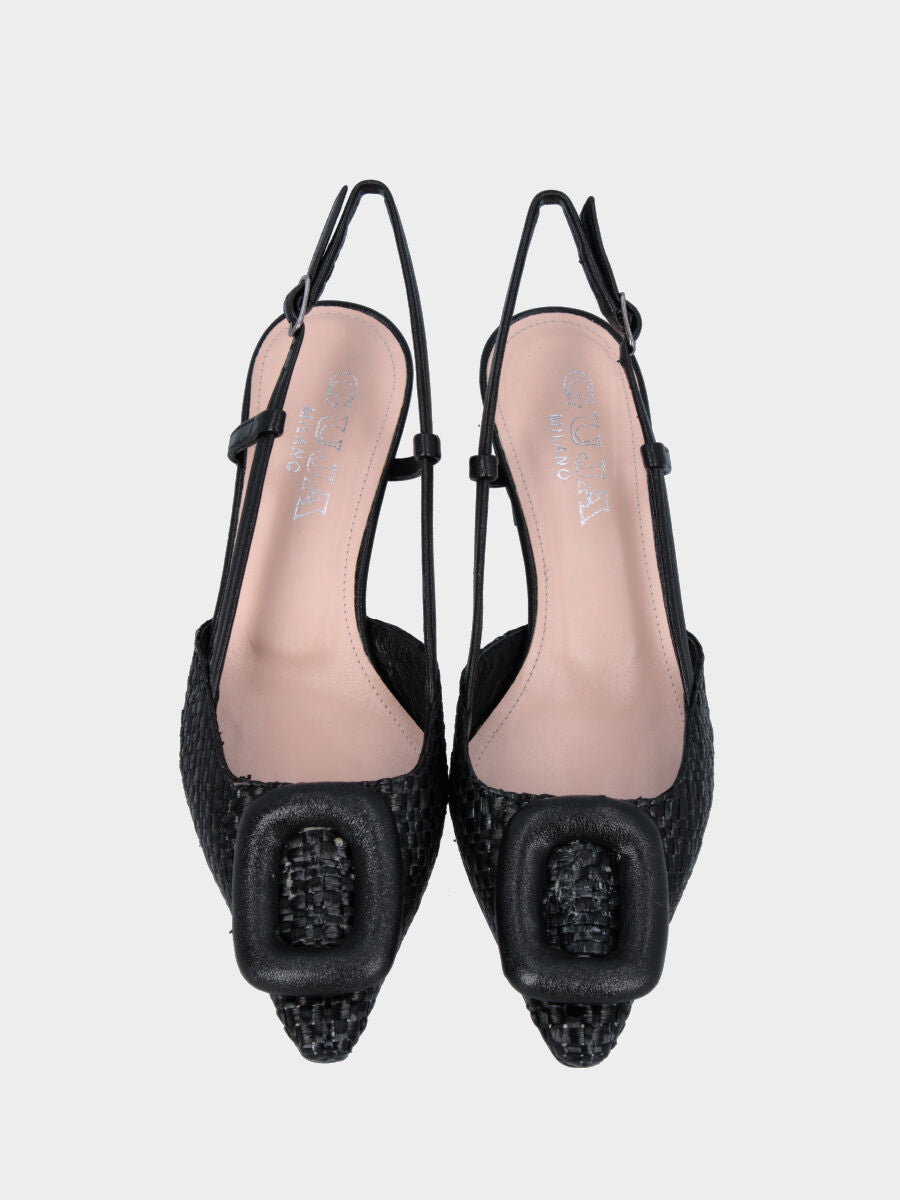 Slingback noire en raphia tressé avec accessoire anneau