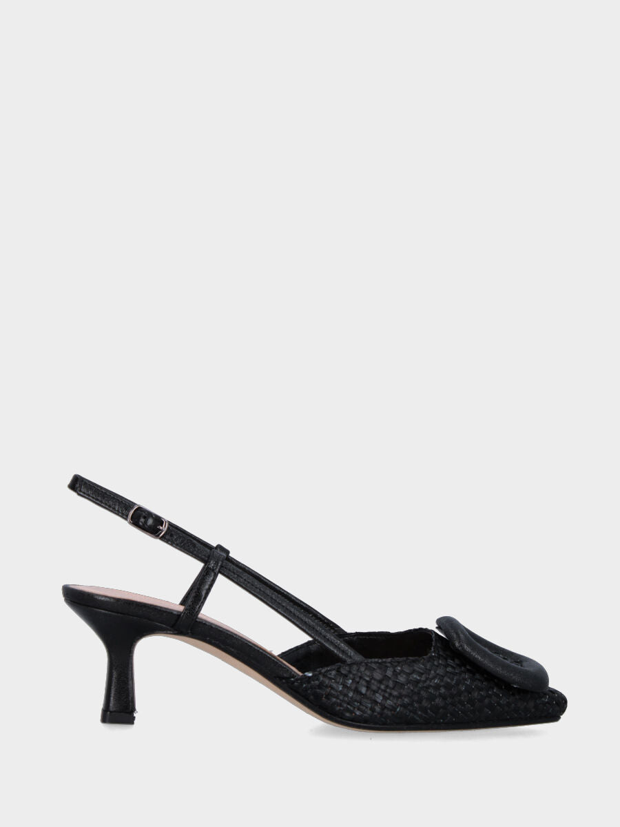 Slingback noire en raphia tressé avec accessoire anneau