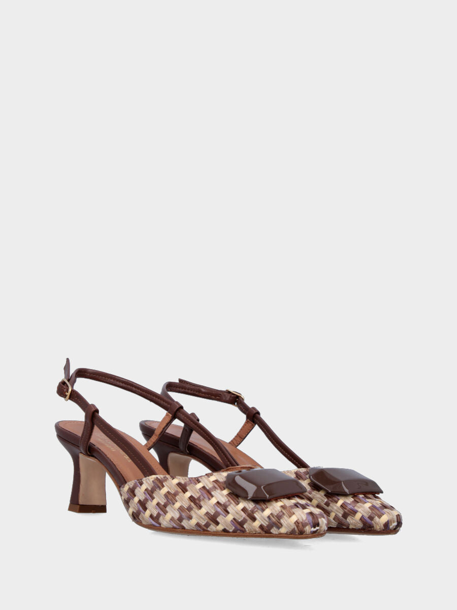 Slingback bicolore beige en raphia tressé avec bouton facetté