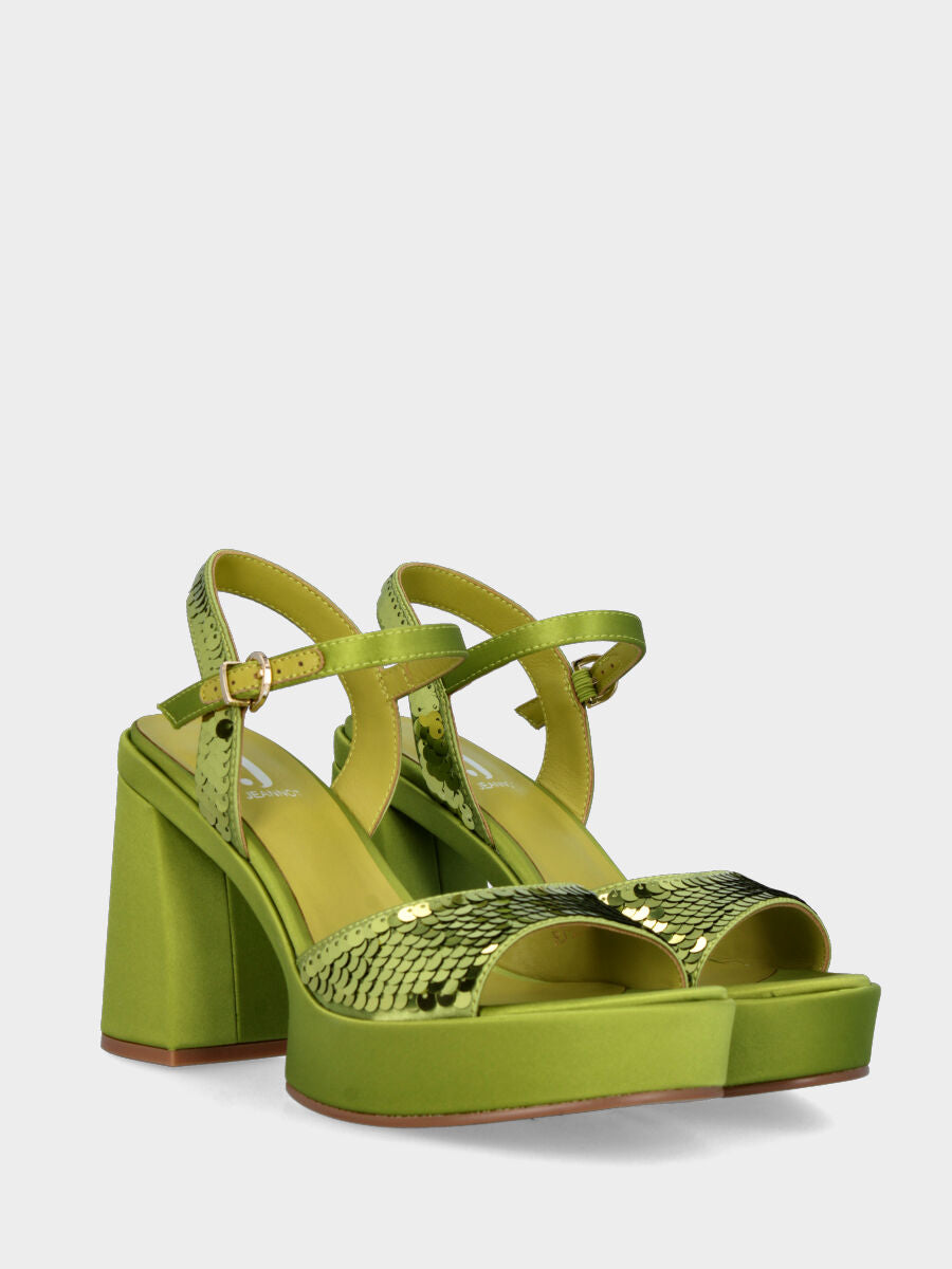 Sandalo verde in tessuto con paillettes con maxi plateau