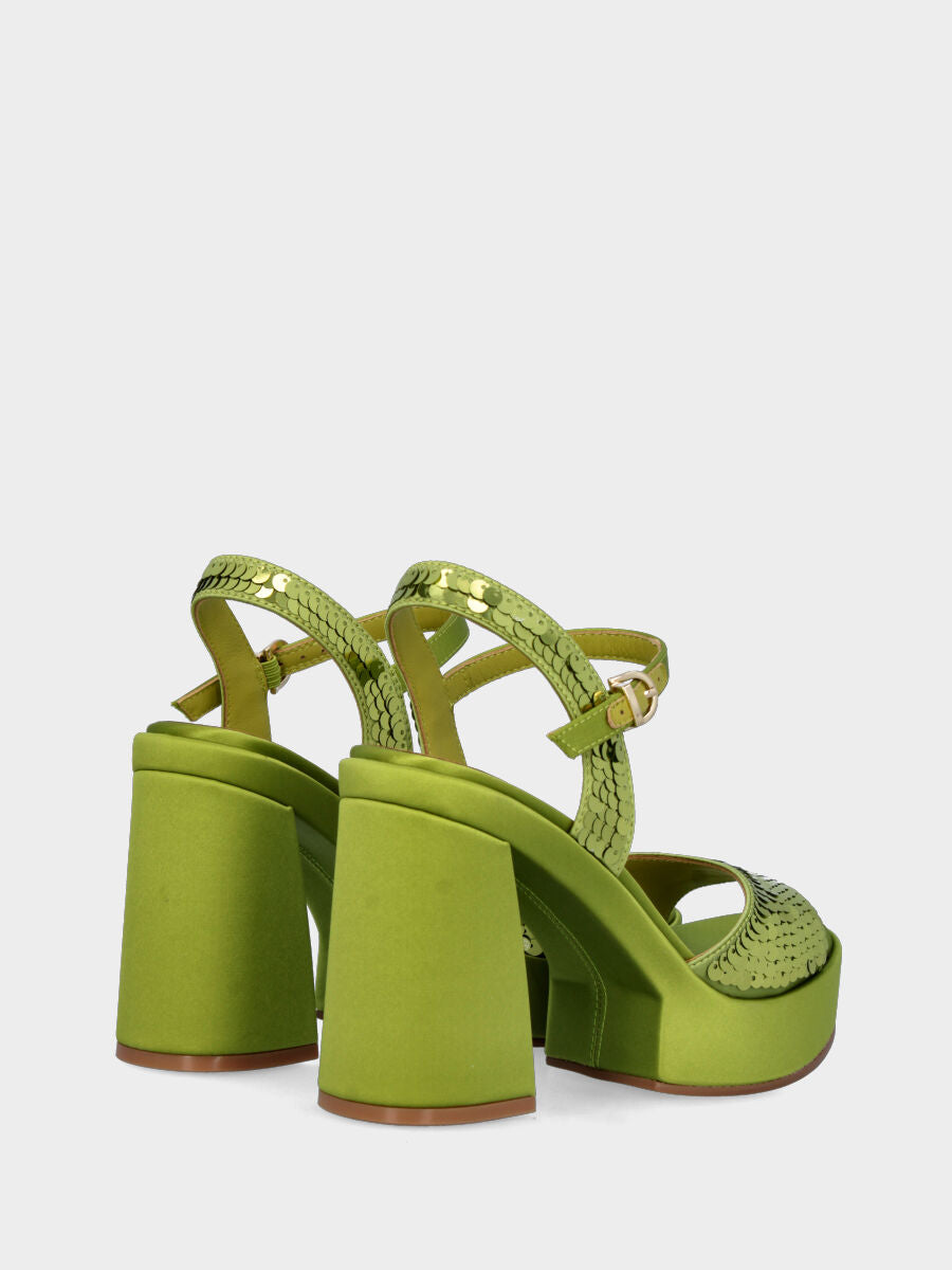 Sandalo verde in tessuto con paillettes con maxi plateau