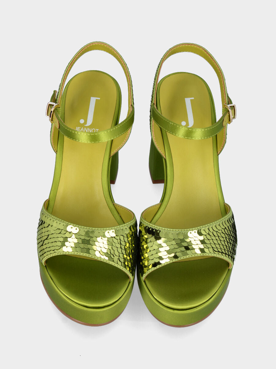 Sandalo verde in tessuto con paillettes con maxi plateau