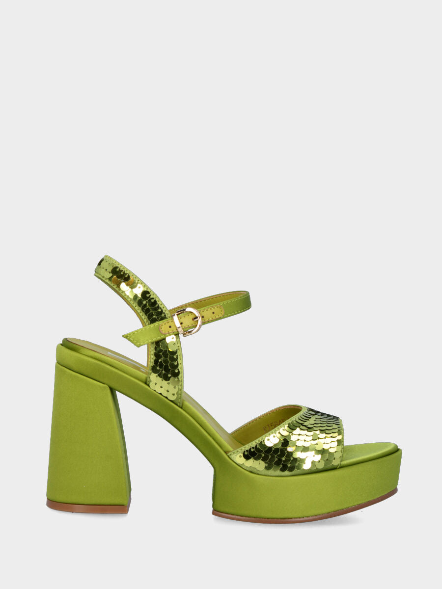 Sandalo verde in tessuto con paillettes con maxi plateau