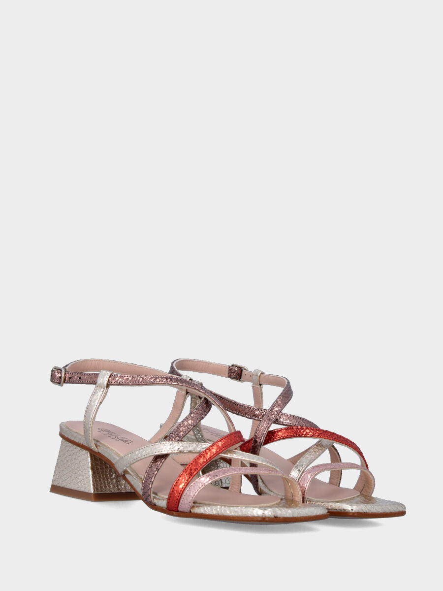 Sandalo in stampa pitone platino con fascette multicolor incrociate