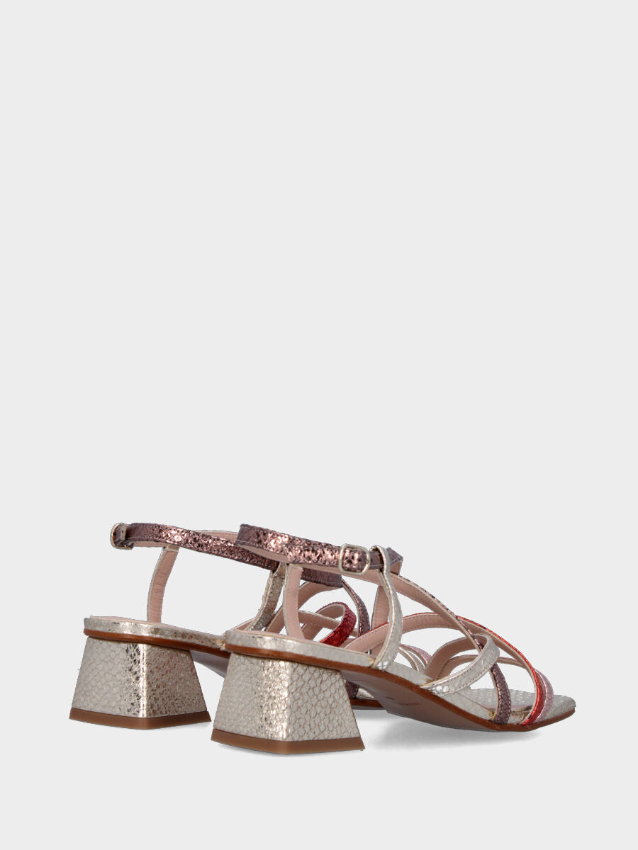 Sandalo in stampa pitone platino con fascette multicolor incrociate