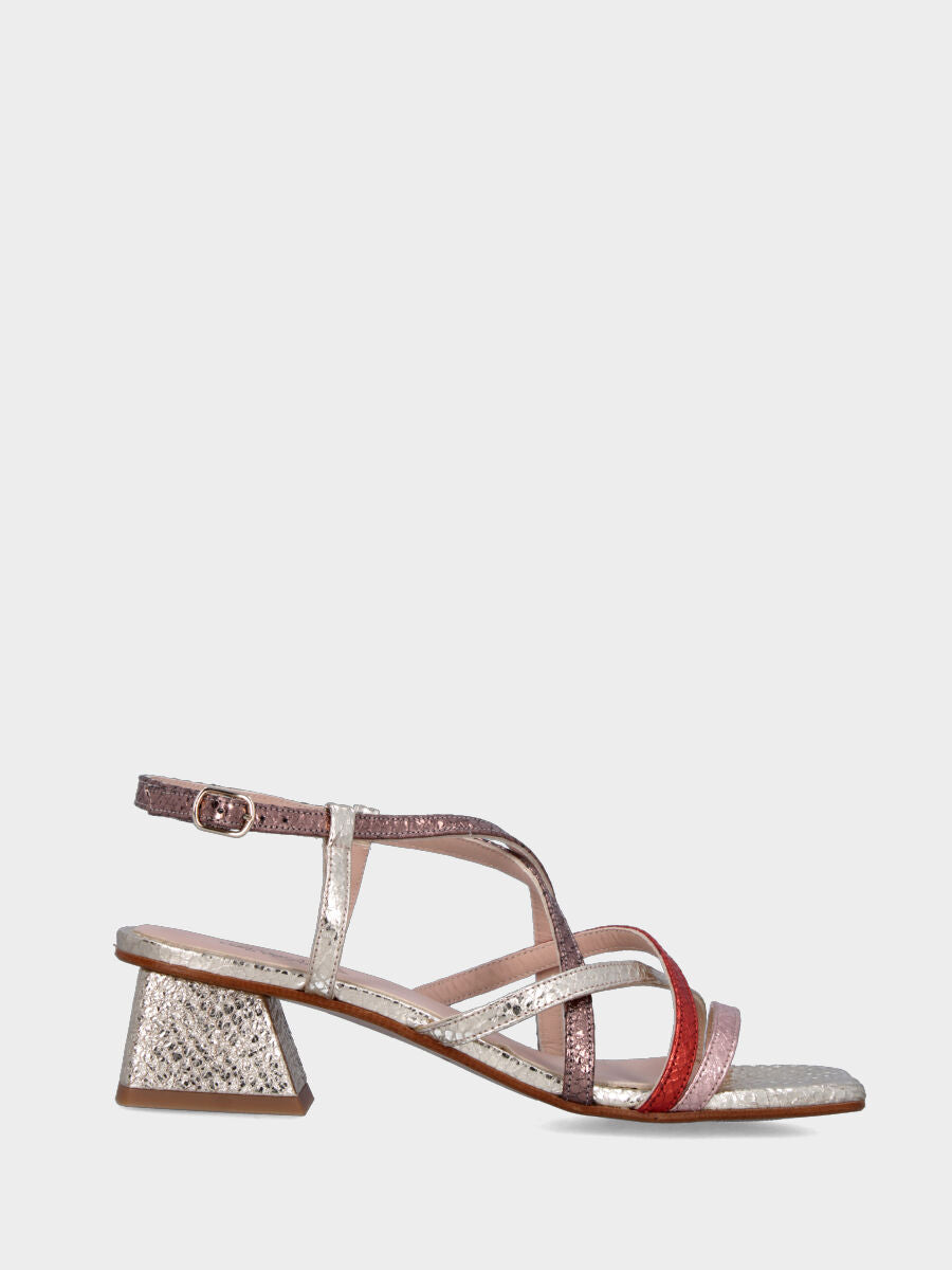 Sandalo in stampa pitone platino con fascette multicolor incrociate