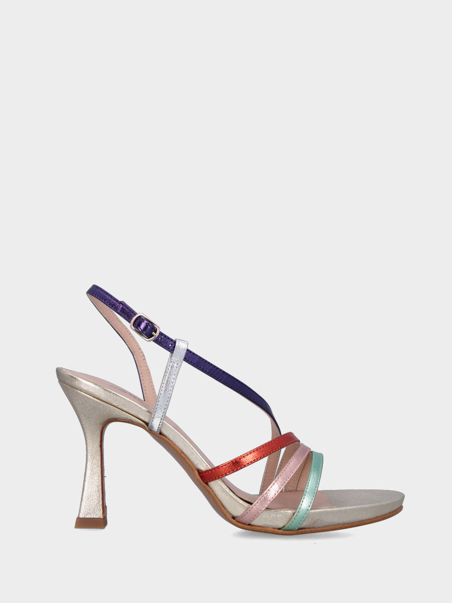 Sandalo platino in pelle laminata con listini obliqui multicolor e plateau