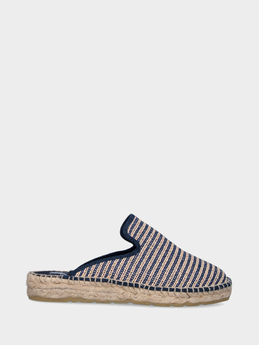 Sabot blu in tessuto a righe con zeppa in corda