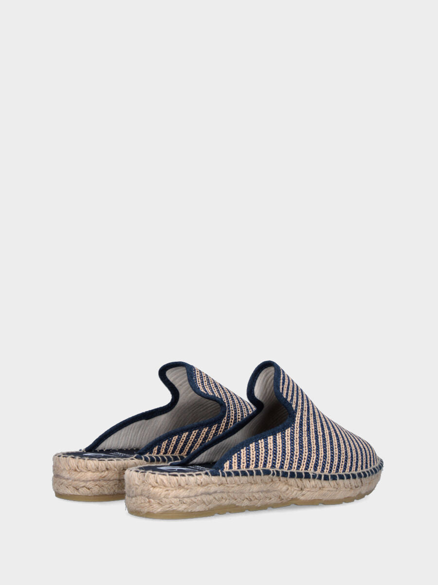 Sabot blu in tessuto a righe con zeppa in corda