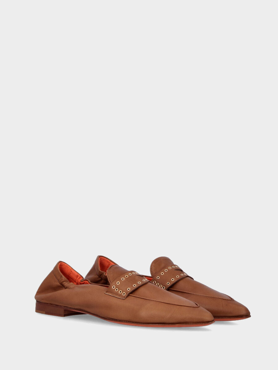 Mocassino cuoio in pelle con mascherina con occhielli