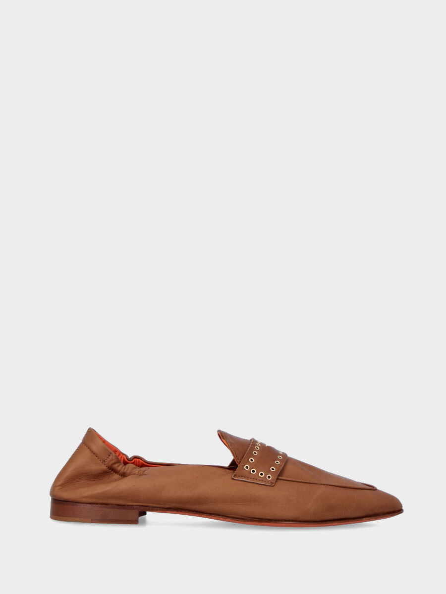 Mocassino cuoio in pelle con mascherina con occhielli
