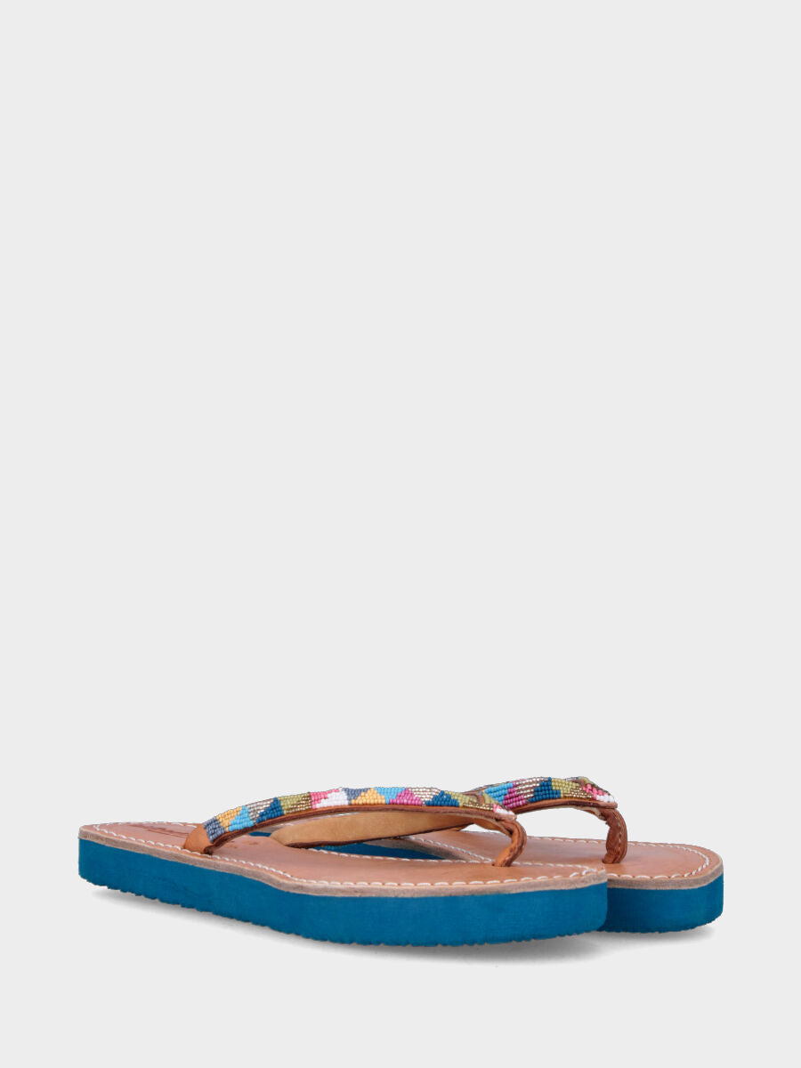 Sandale tong en cuir avec lanières de perles colorées