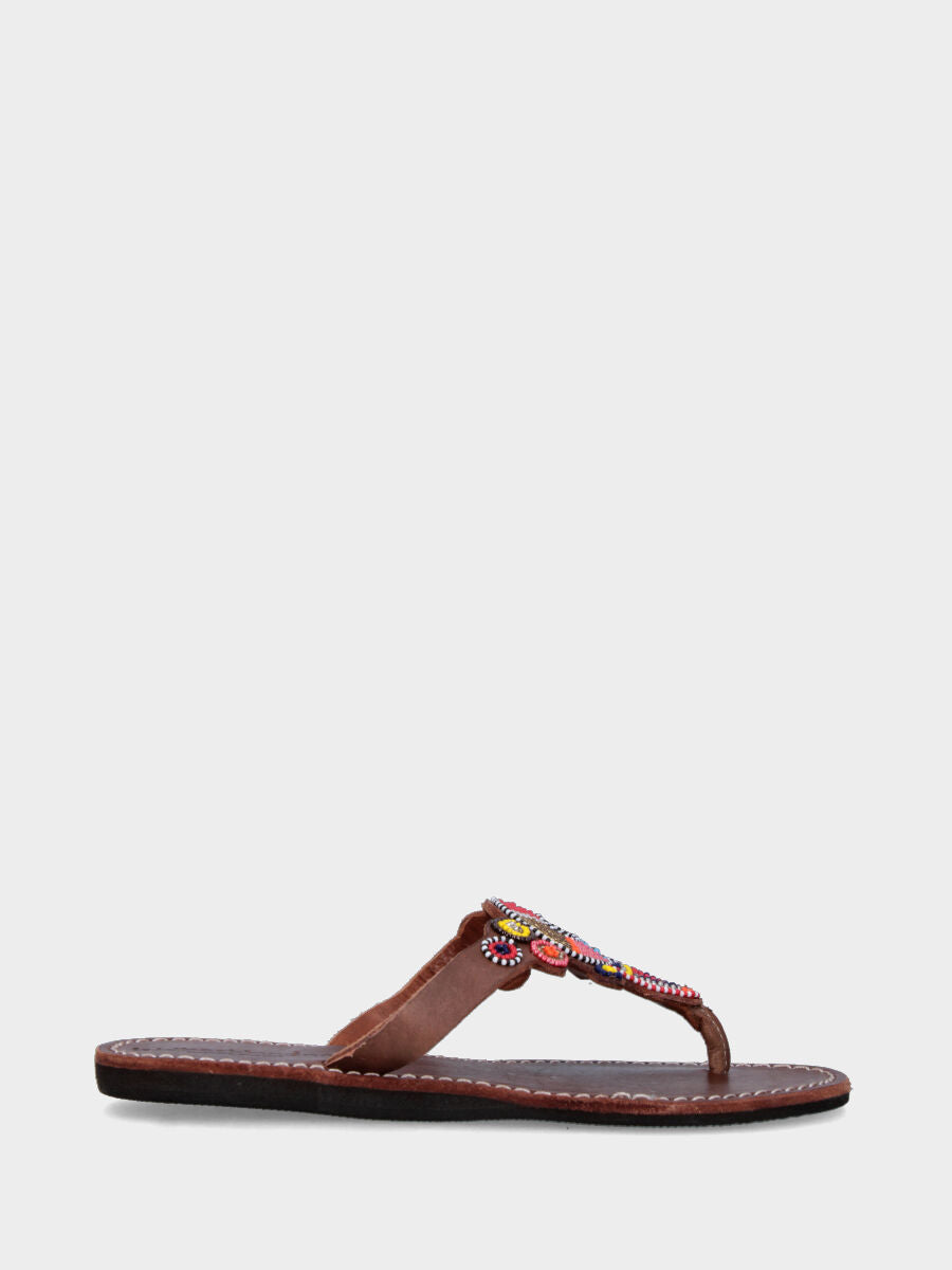 Dark brown thong sandal with multicolor beads