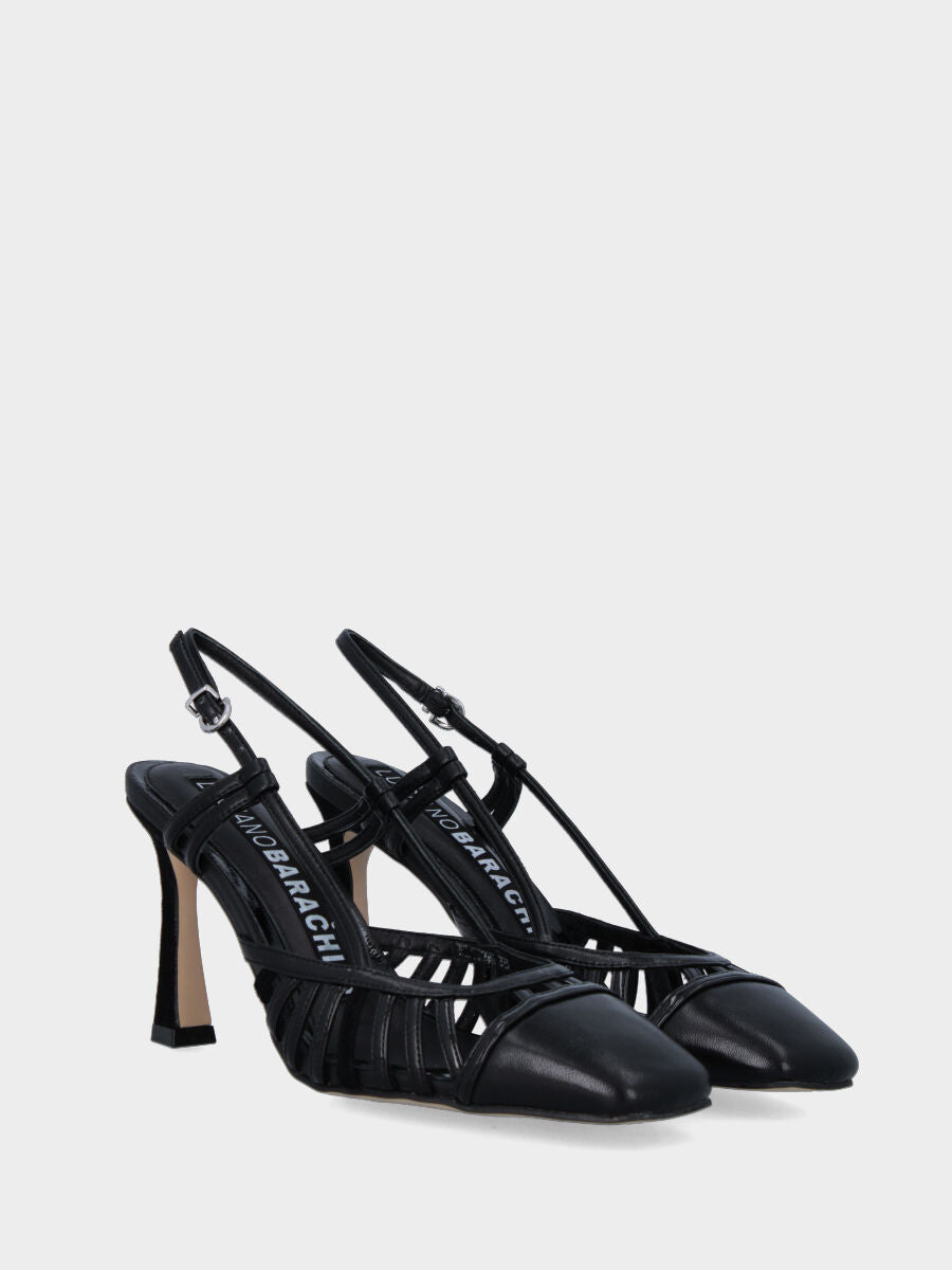 Black leather slingback with straps and suede heel