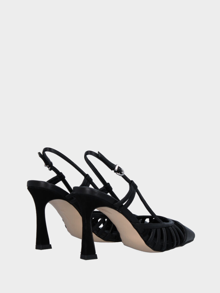 Black leather slingback with straps and suede heel