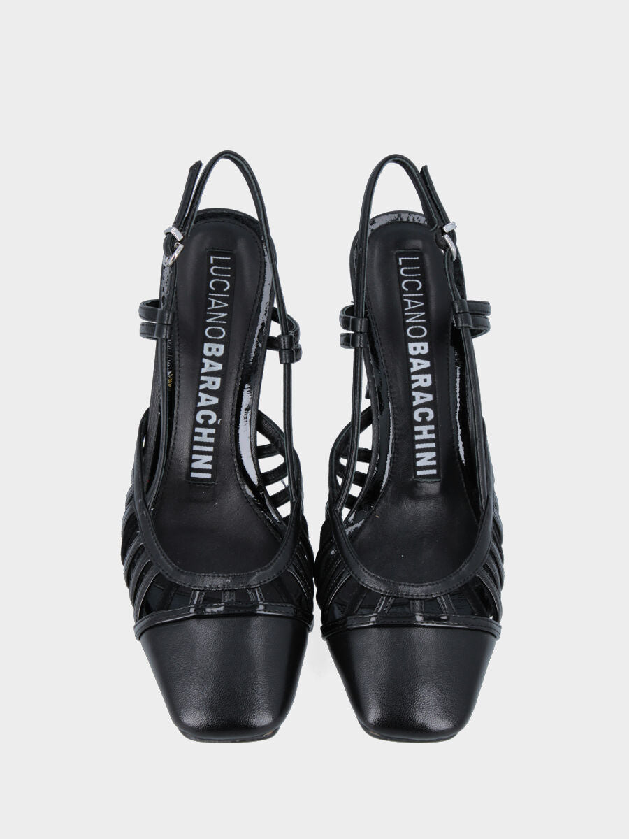 Black leather slingback with straps and suede heel