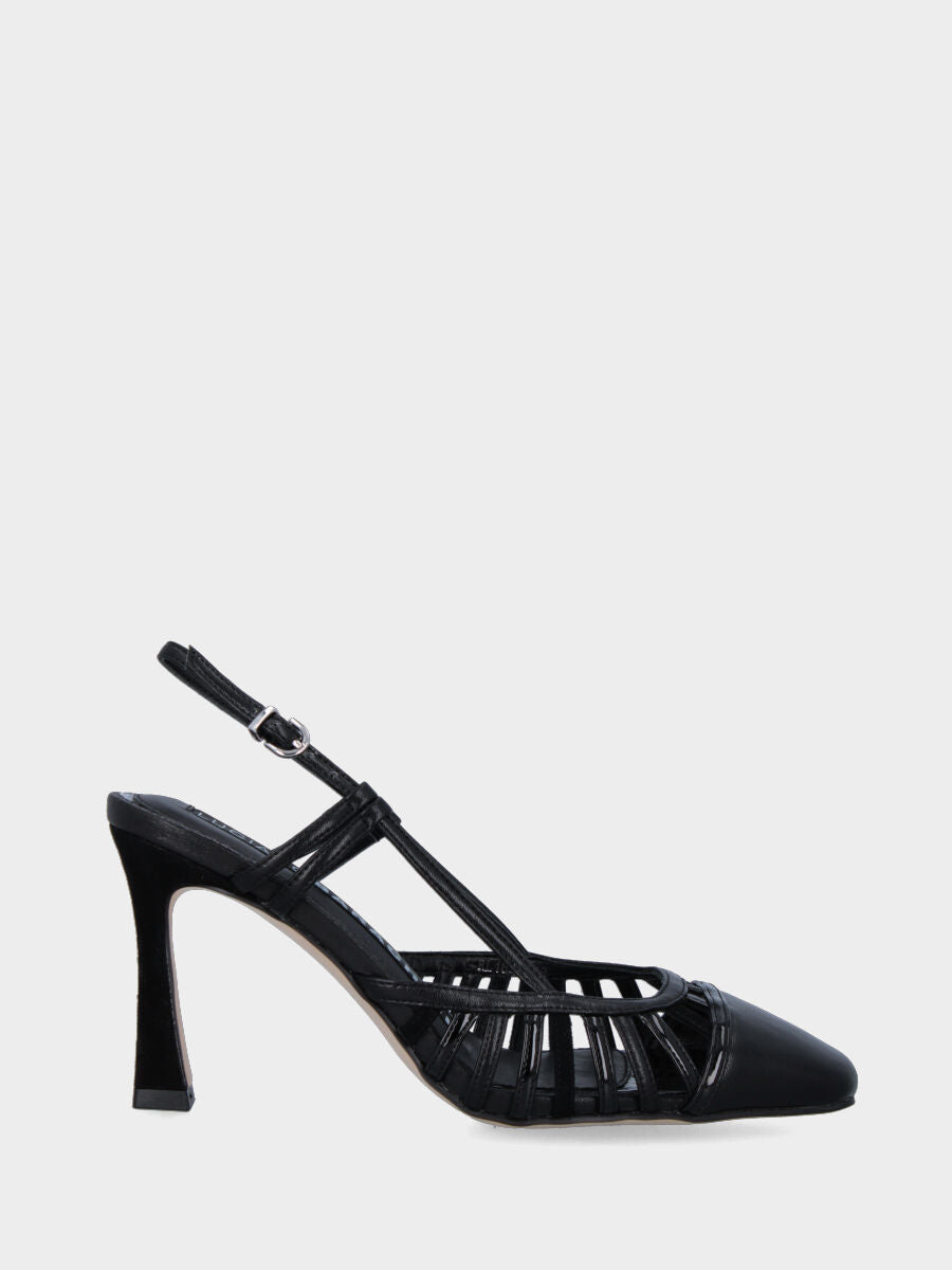 Black leather slingback with straps and suede heel