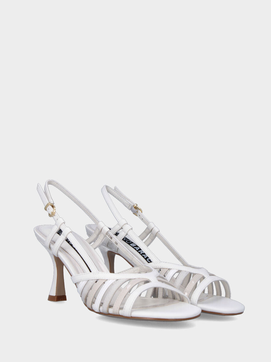 White leather sandal with colored parallel straps