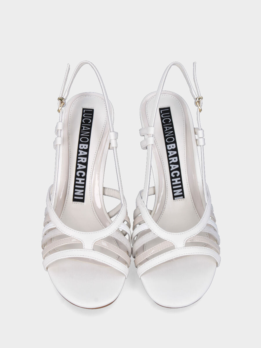 White leather sandal with colored parallel straps