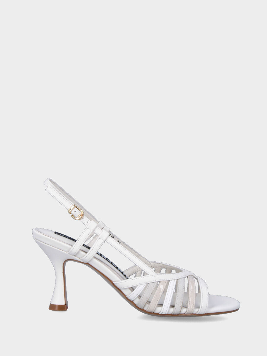 White leather sandal with colored parallel straps