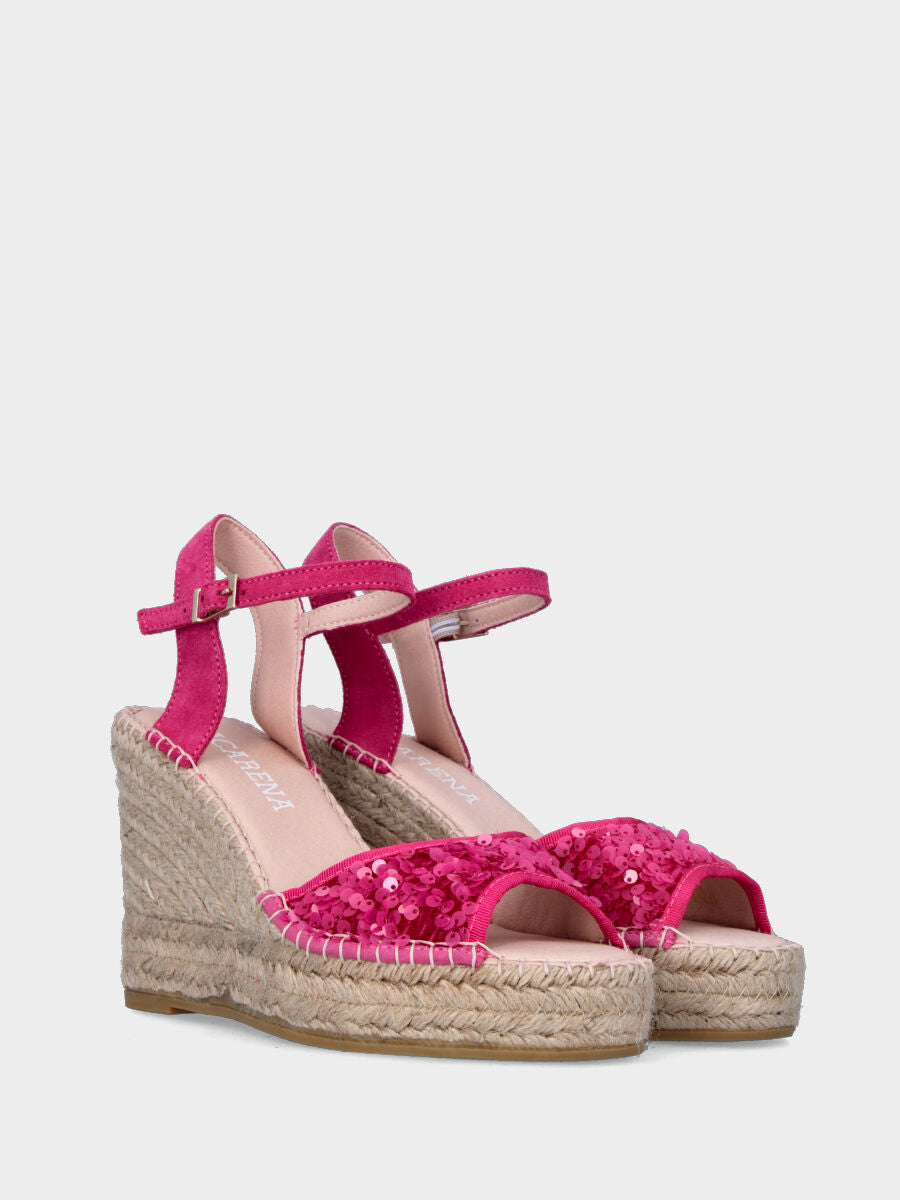 Sandale fuchsia en cuir avec paillettes et semelle compensée en corde