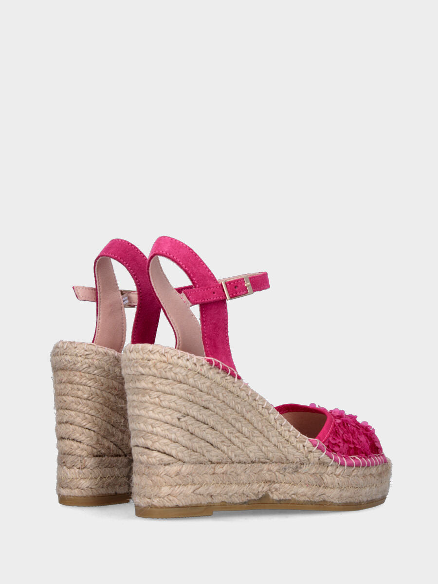 Sandale fuchsia en cuir avec paillettes et semelle compensée en corde