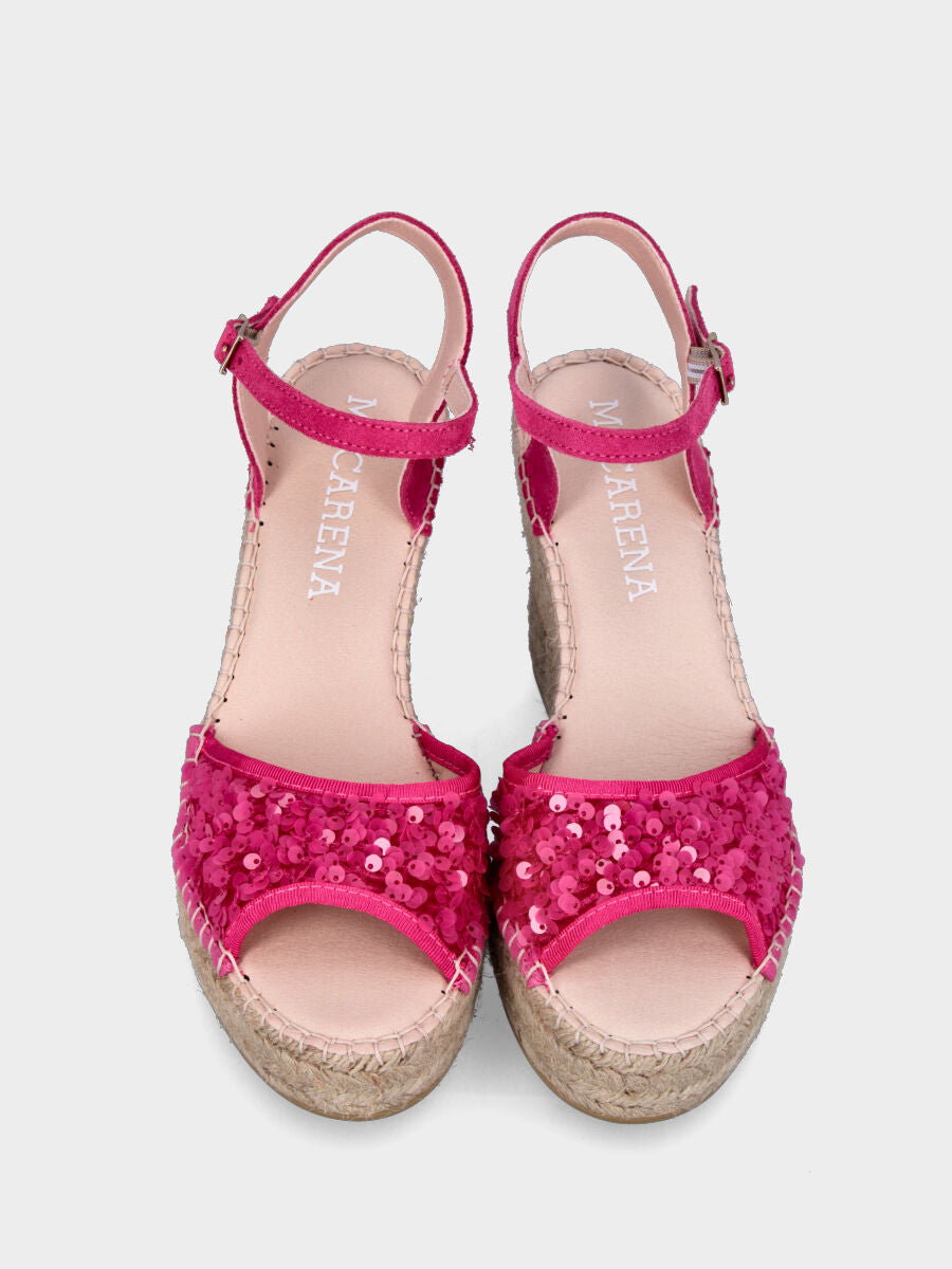 Sandale fuchsia en cuir avec paillettes et semelle compensée en corde