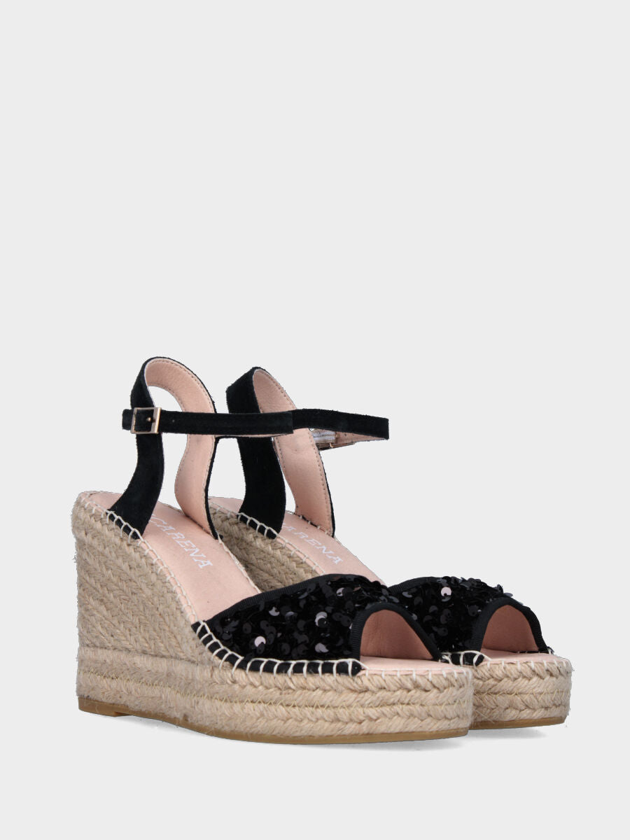 Sandalo nero in pelle con paillettes e zeppa in corda