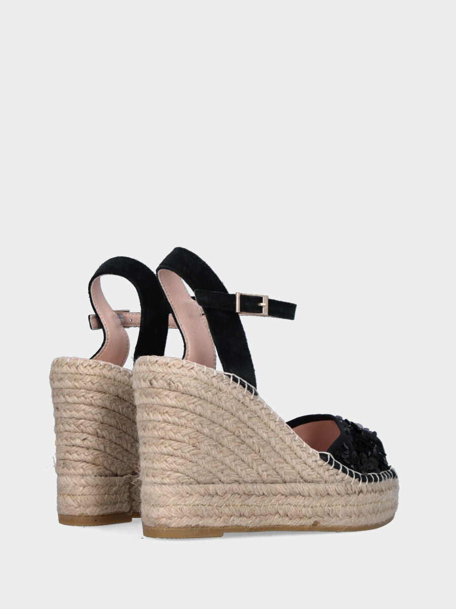 Black leather sandal with sequins and rope wedge