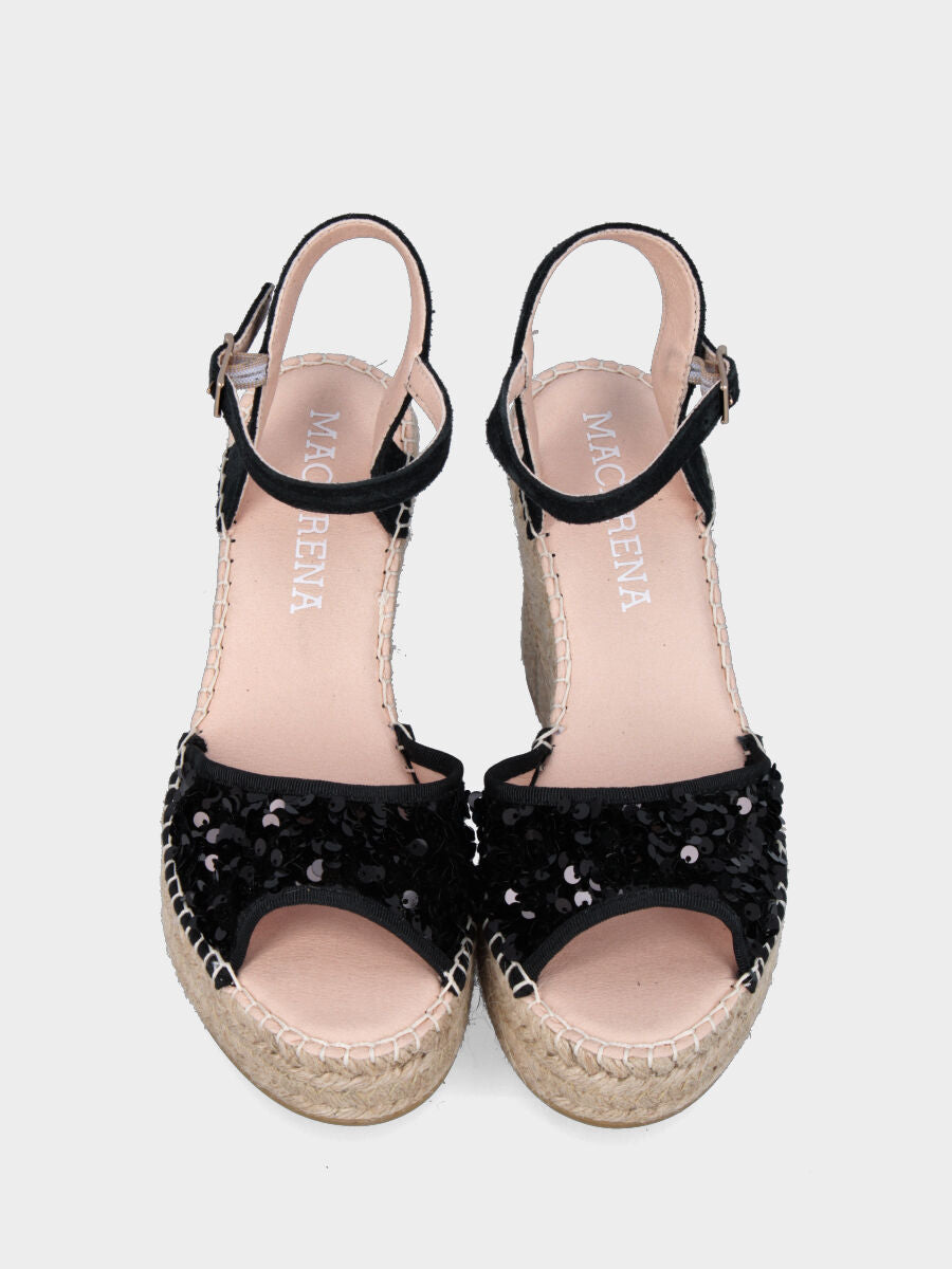 Sandalo nero in pelle con paillettes e zeppa in corda