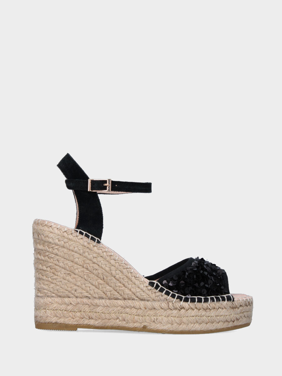 Black leather sandal with sequins and rope wedge