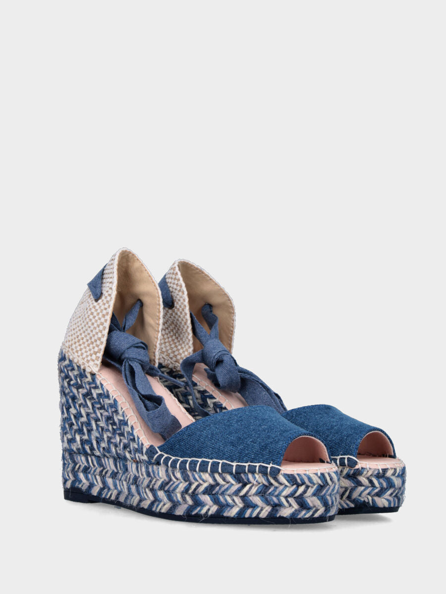 Sandalo blu jeans in tessuto con zeppa in corda bicolore