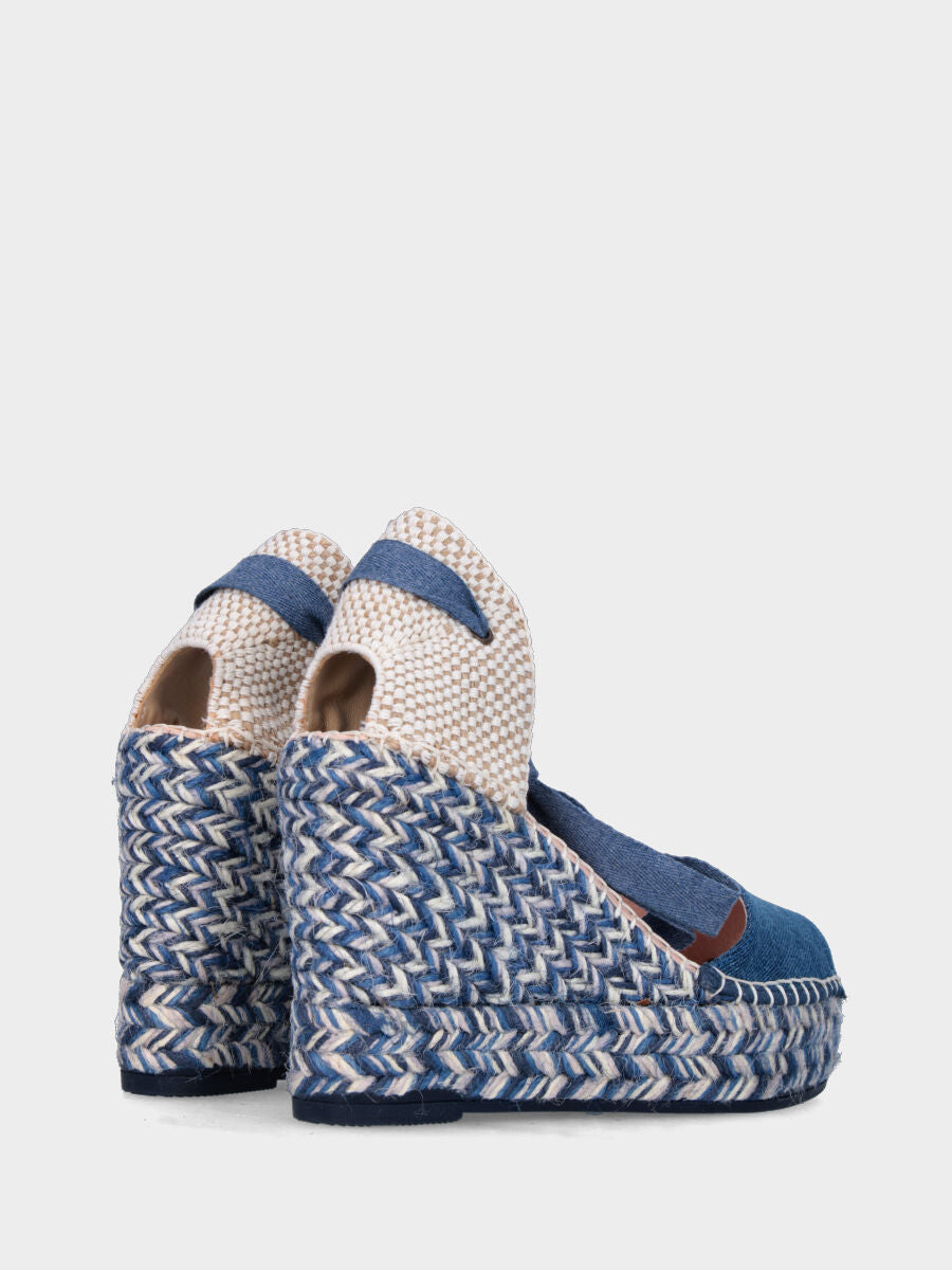 Sandalo blu jeans in tessuto con zeppa in corda bicolore