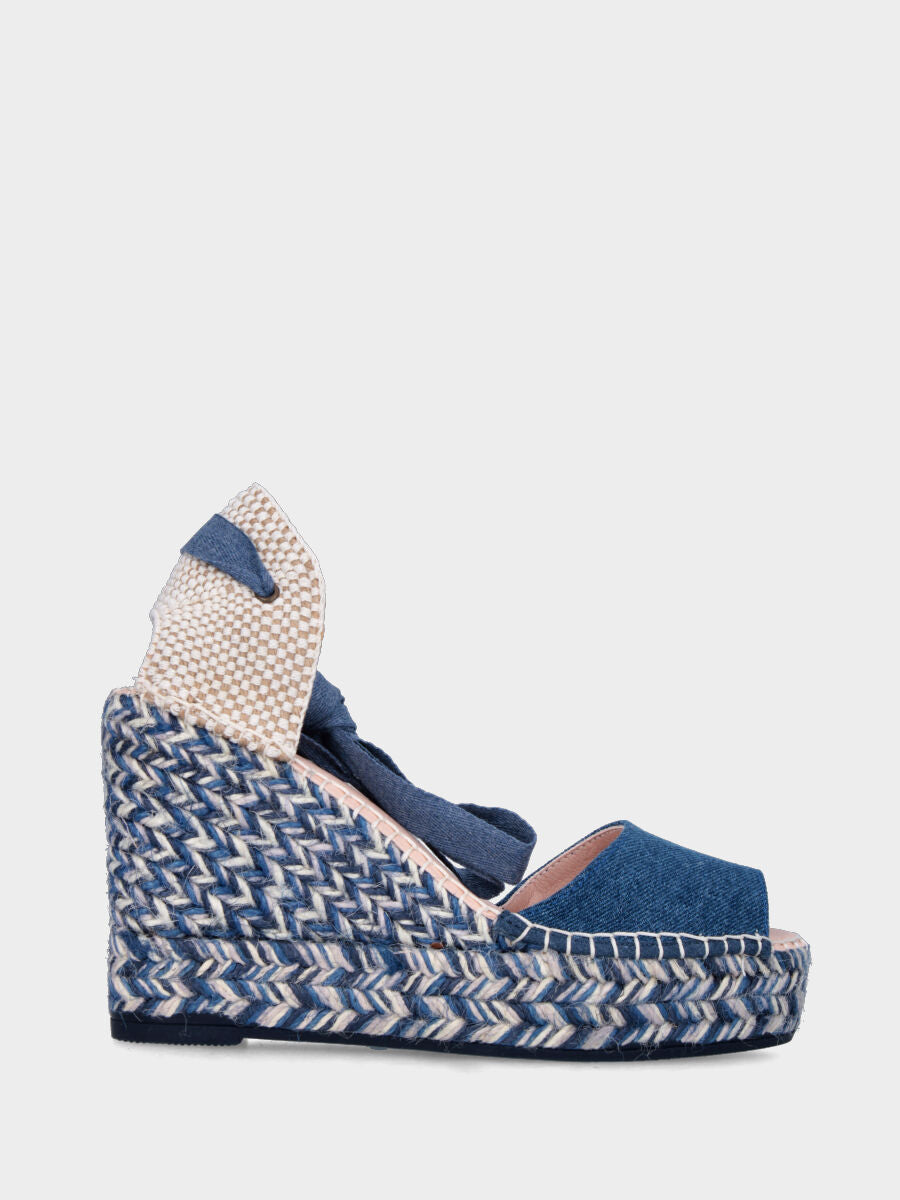 Sandalo blu jeans in tessuto con zeppa in corda bicolore