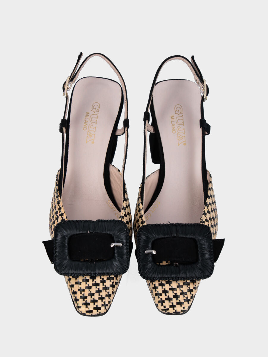 Slingback noir en cuir avec bout en raphia tressé et boucle décorative