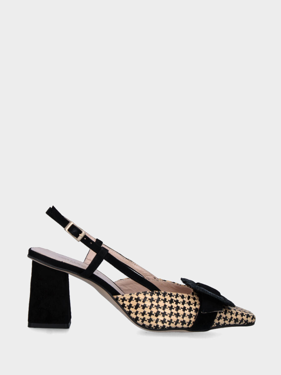 Slingback noir en cuir avec bout en raphia tressé et boucle décorative