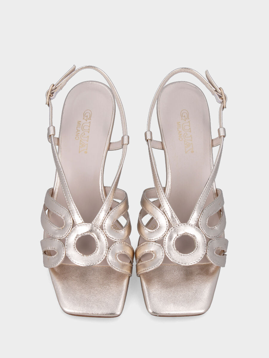 Platinum leather sandal with square toe and circle straps