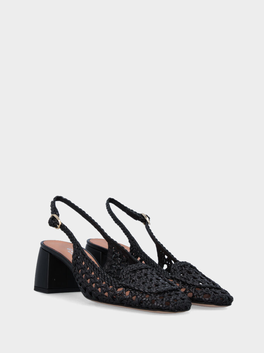 Slingback nera in pelle intrecciata traforata con tacco largo
