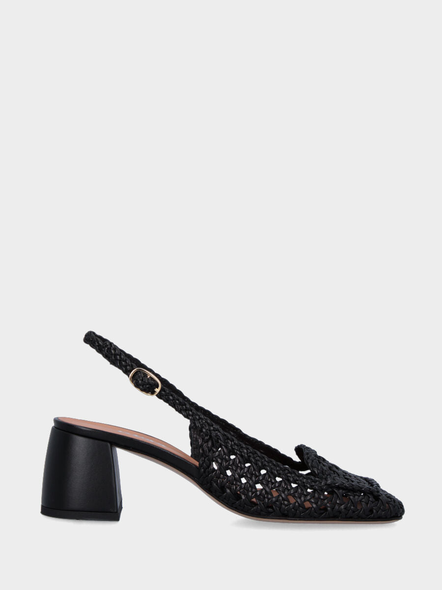 Slingback nera in pelle intrecciata traforata con tacco largo