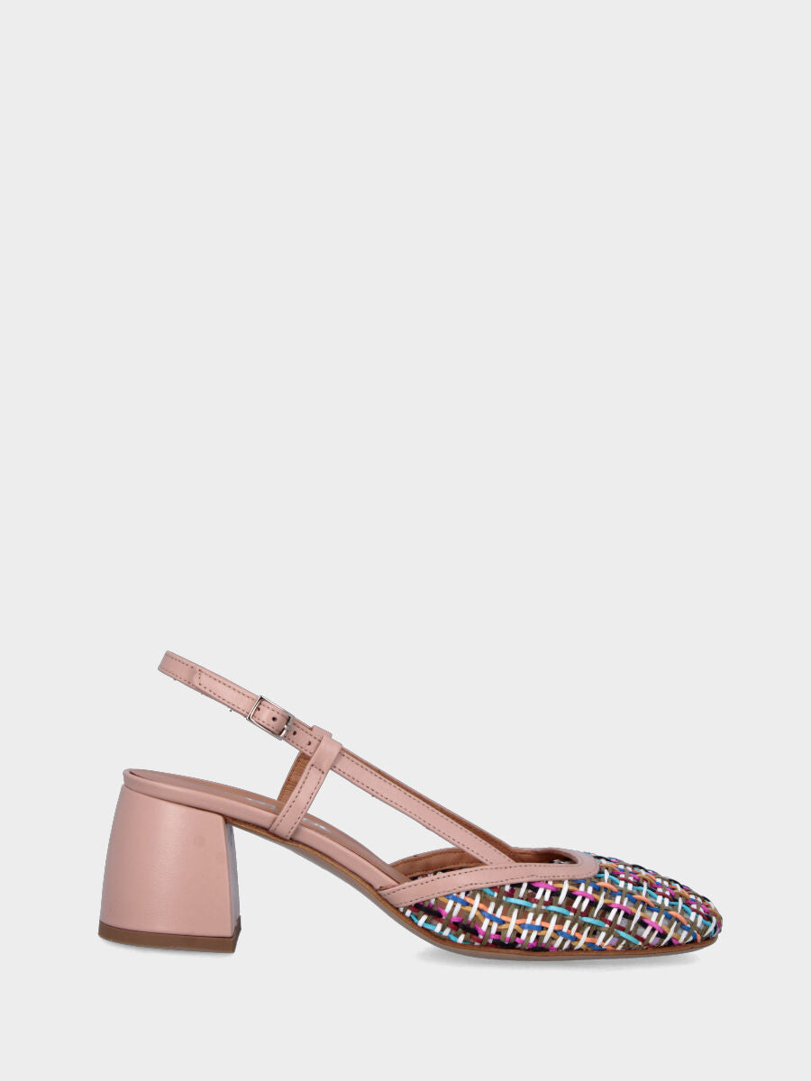 Slingback nude in pelle a punta quadrata con tomaia intrecciata multicolor