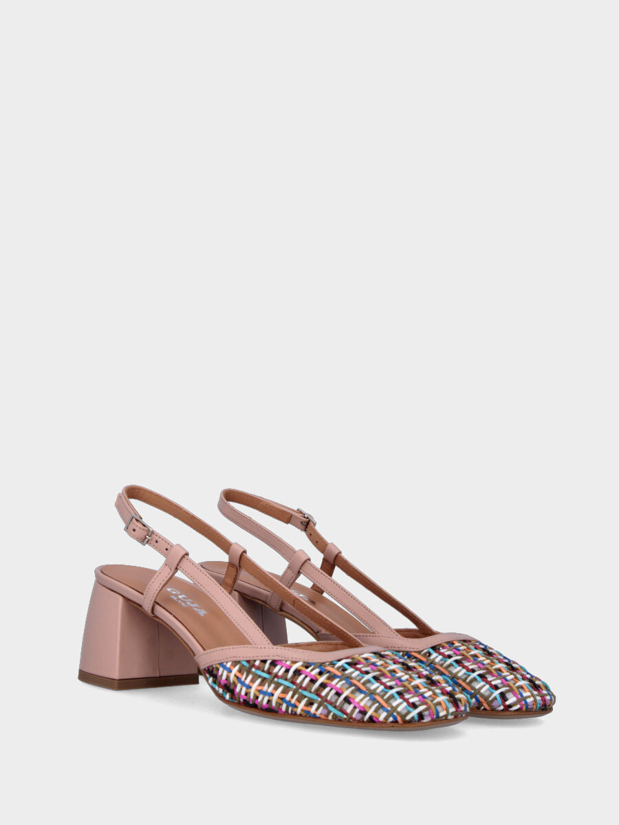 Slingback nude in pelle a punta quadrata con tomaia intrecciata multicolor