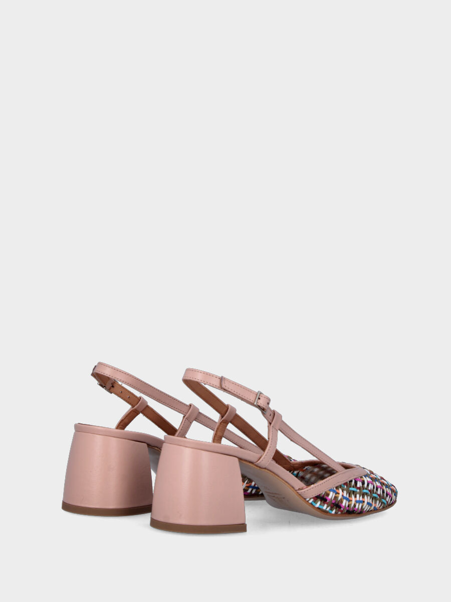 Slingback nude in pelle a punta quadrata con tomaia intrecciata multicolor