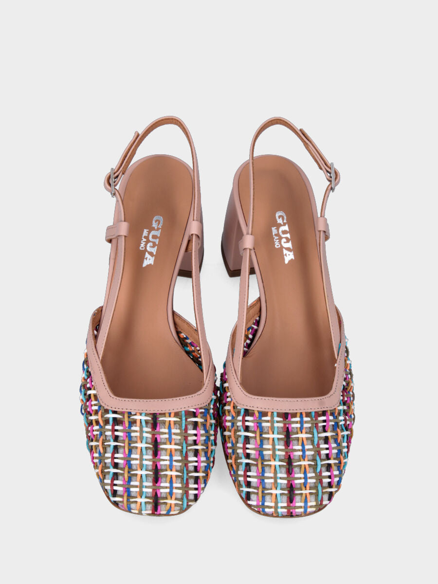 Slingback nude in pelle a punta quadrata con tomaia intrecciata multicolor