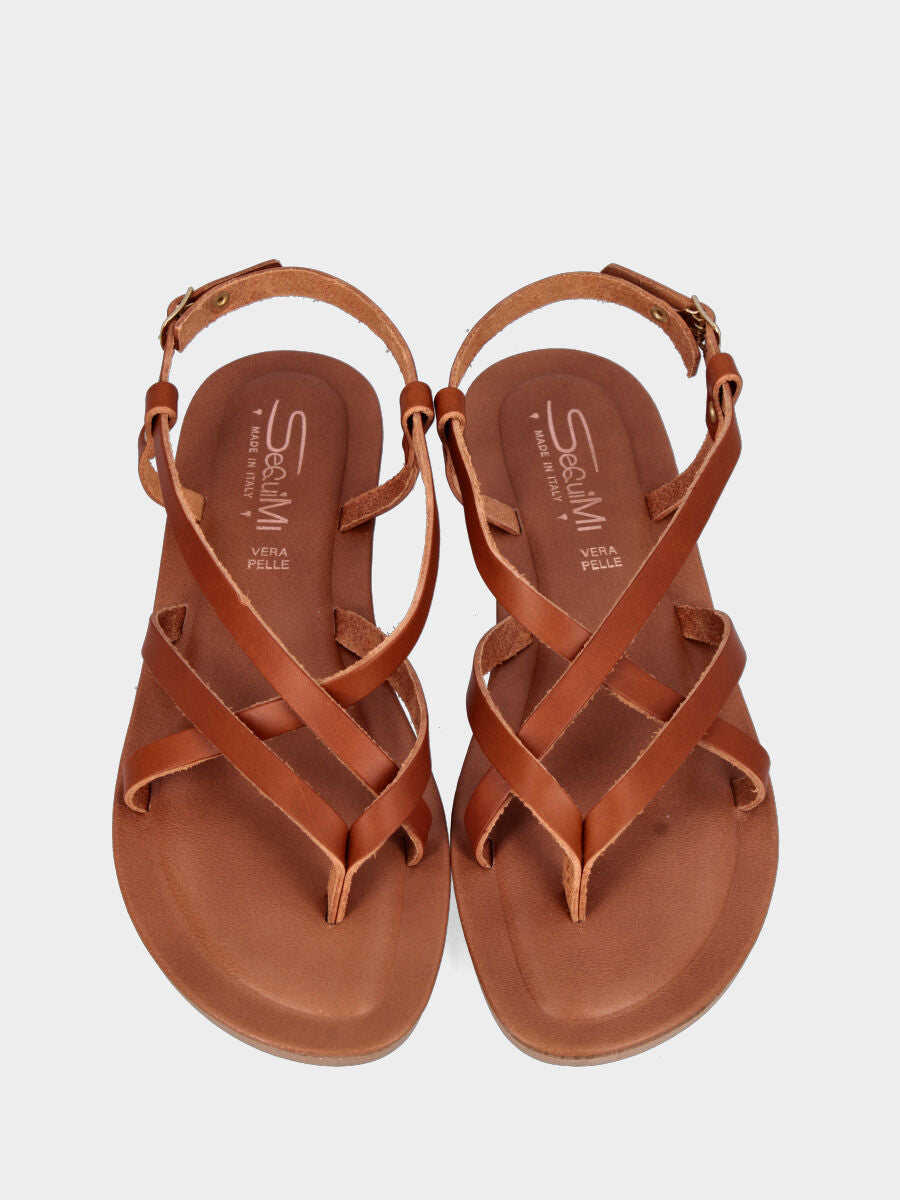 Sandalo ad infradito cuoio in pelle con listini incrociati