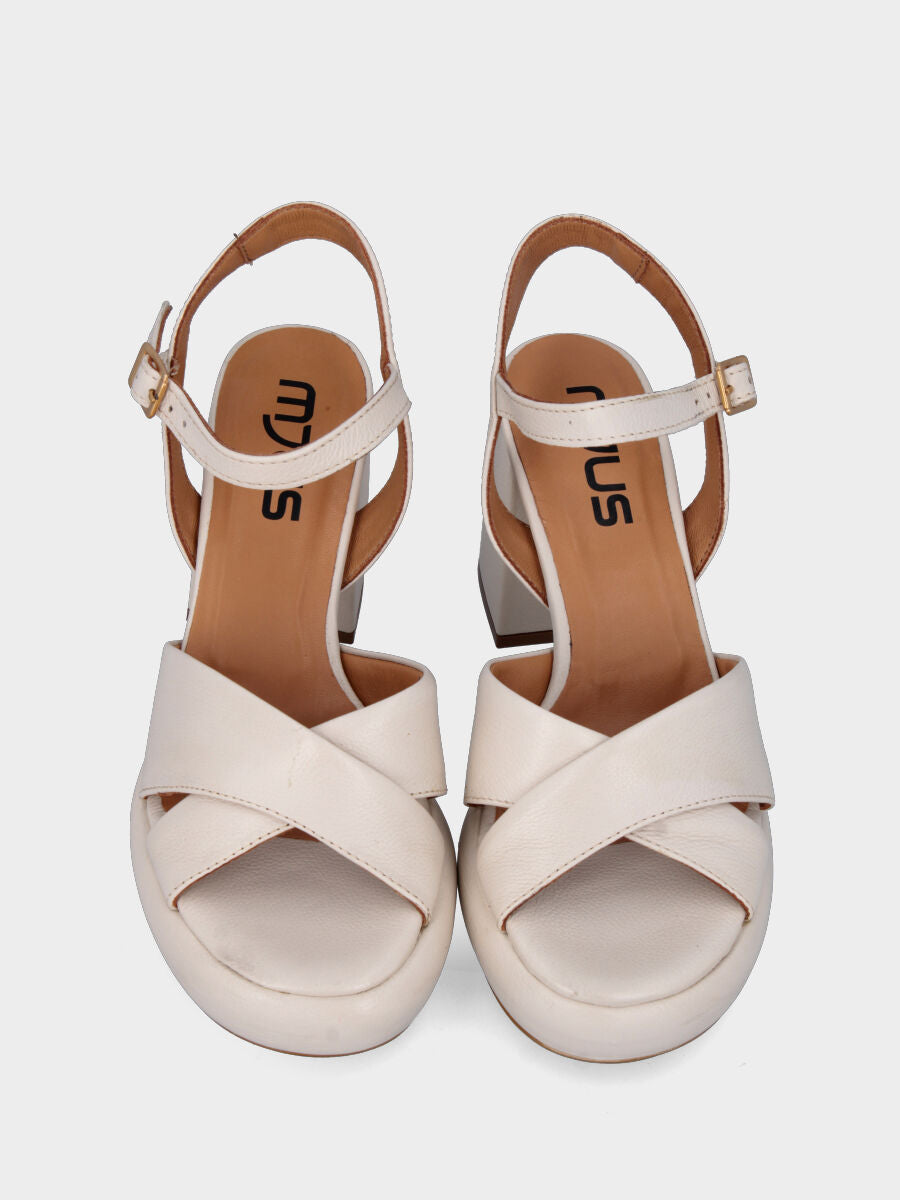 Off-white leather sandal with crossed straps and block heel