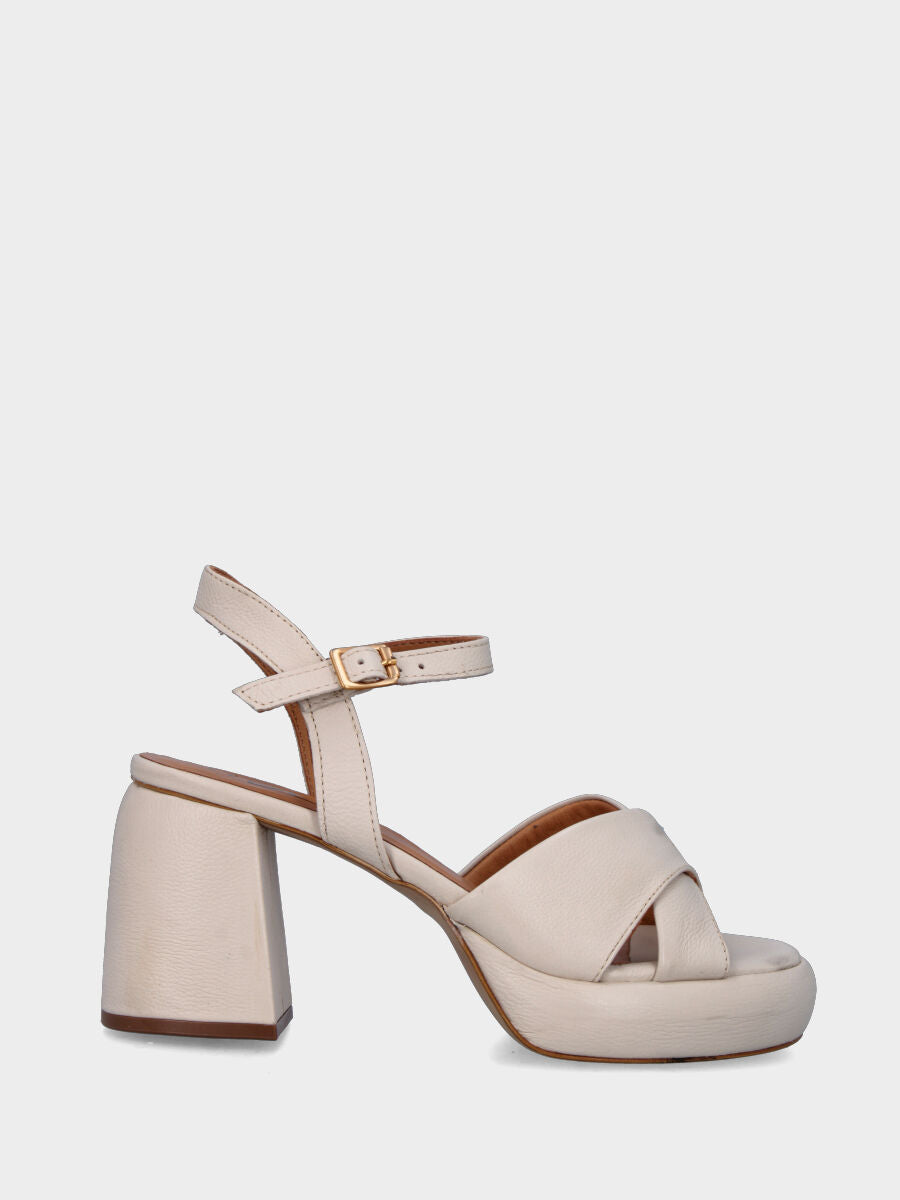 Off-white leather sandal with crossed straps and block heel