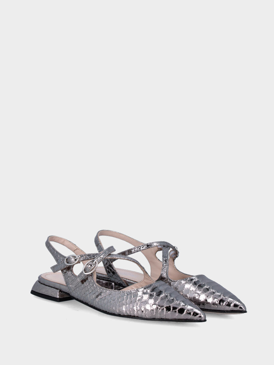 Slingback argento in stampa pitonata con cinturini incrociati