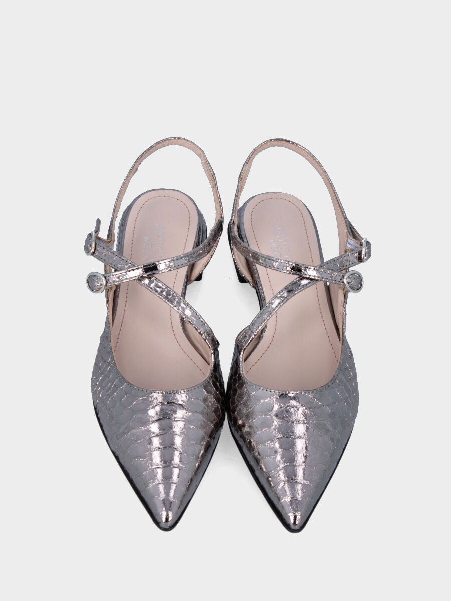 Slingback argento in stampa pitonata con cinturini incrociati