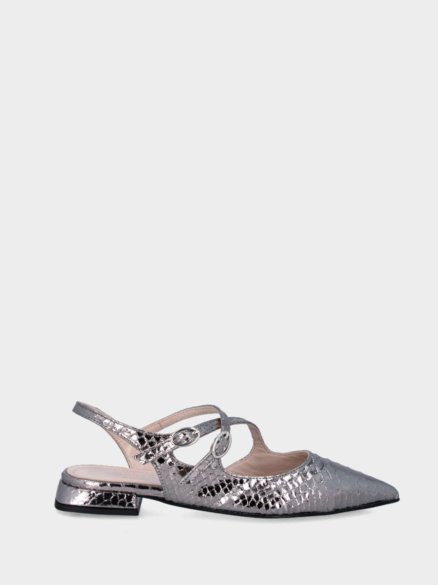 Slingback argento in stampa pitonata con cinturini incrociati