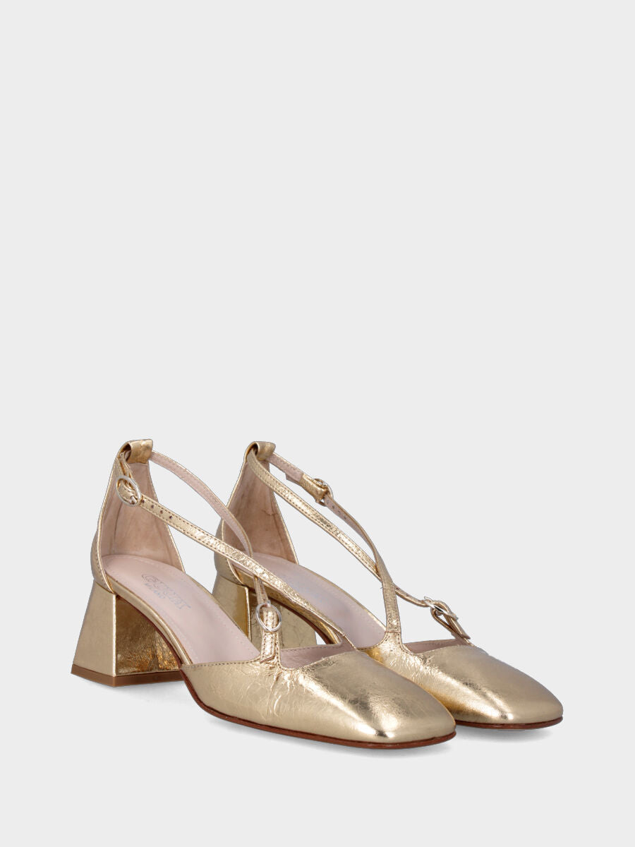 Gold pumps in laminated leather with crossed straps